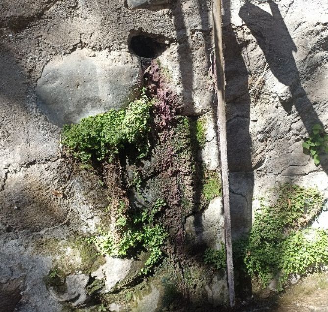 Orificio en el muro del canal con una mancha oscura de escurrimiento que baja por la pared
